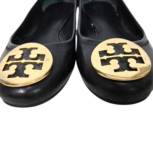 Tory Burch Reva Mestico Ballet Flats Black Leather Round Toe Logo Medallion 6 - Picture 8 of 16